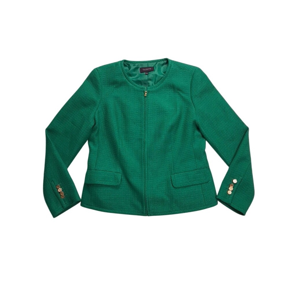 Talbots Tweed Jacket Women 12 Green Full Zip Gold‎ Button Cuff Textured Blazer